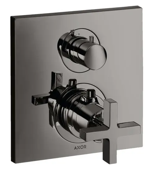 Thermostat zur Installation im Unterputz, ausgestattet mit einem Absperrventil und einem Kreuzgriff, in polierter schwarzer Chromoberfläche. Marke: AXOR.